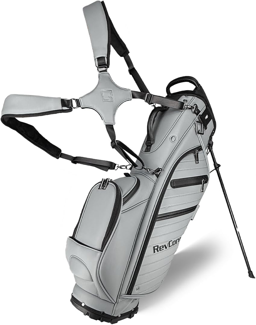 RevCore LT Lightweight Golf Stand Bag by CaddyDaddy – Premium Synthetic Leather Carry Golf Bag for Men & Women with 5-Way Divider, Cooler Pocket, Dual Strap – Golf Bag with Stand