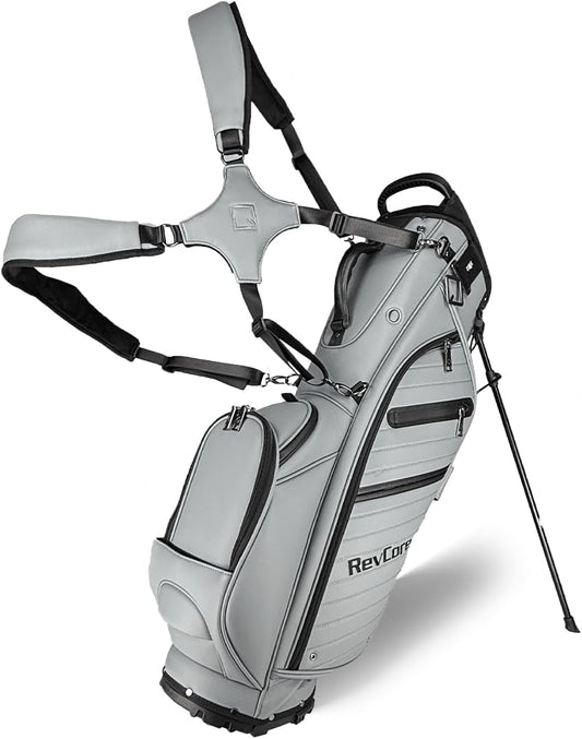 RevCore LT Lightweight Golf Stand Bag by CaddyDaddy – Premium Synthetic Leather Carry Golf Bag for Men & Women with 5-Way Divider, Cooler Pocket, Dual Strap – Golf Bag with Stand