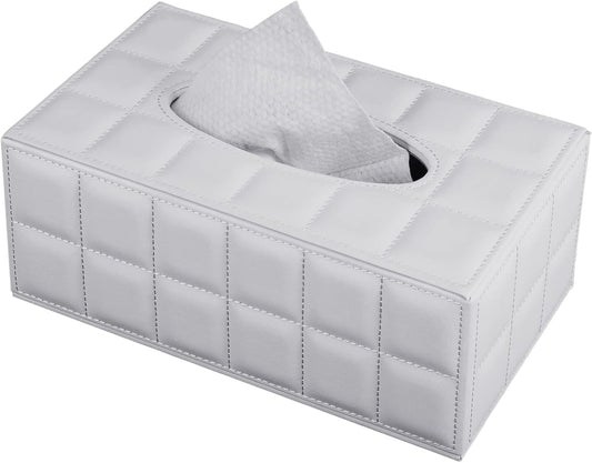 Tissue Box Cover Rectangle Tissue Box Holder PU Leather Facial Organizer with Magnetic Bottom,Decorative Napkin Caddy for Vanity Dresser Night Stand Table Countertop Home Office Car,White