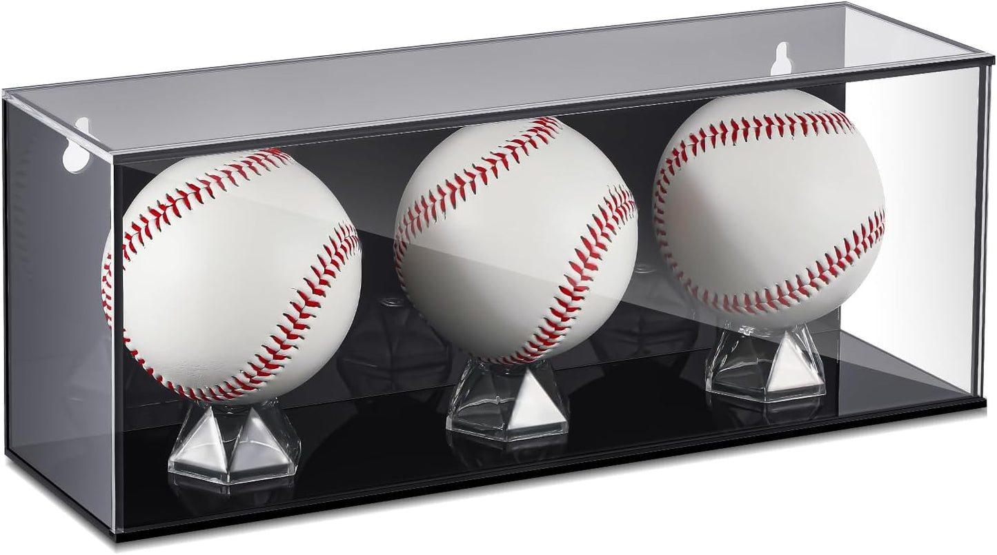 Baseball Golf Ball Display Case for 3 Balls UV Protected Acrylic Boxes for Display Ball Cube Memorabilia Showcase Autograph (Black, 11.4 x 4.3 x 3.15 Inch)
