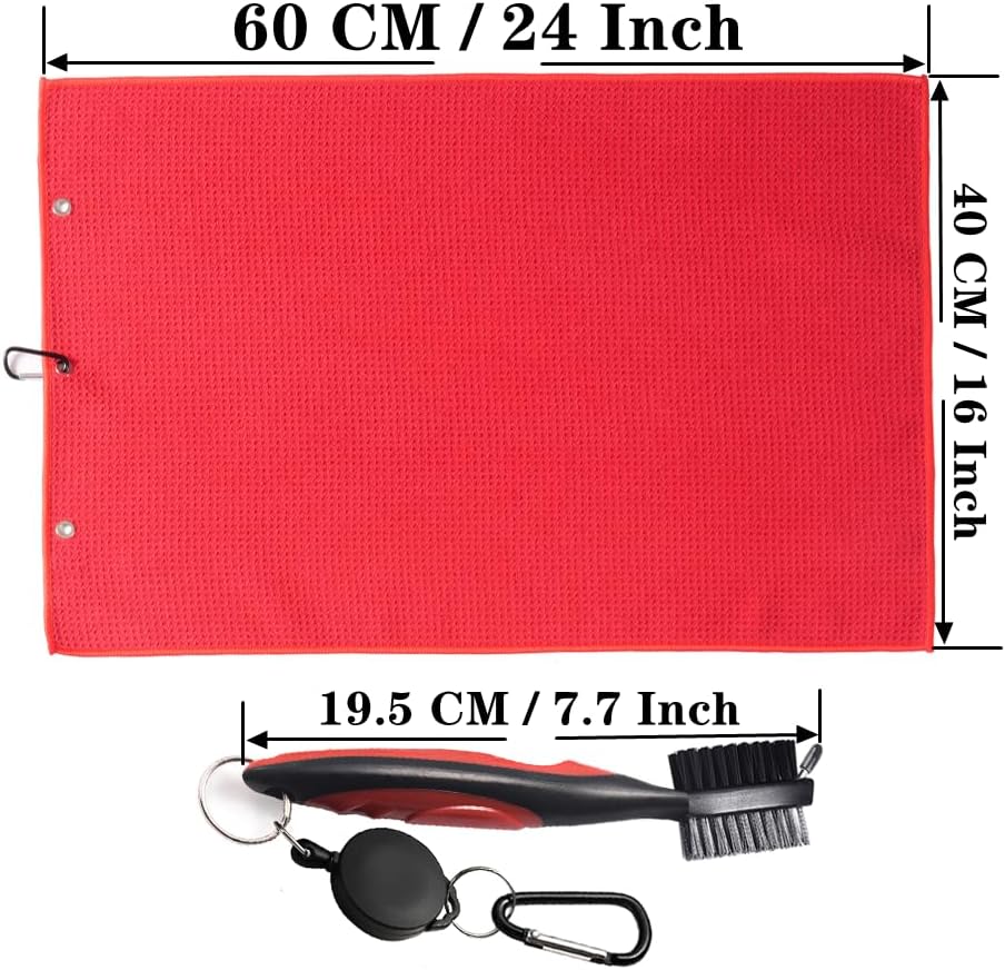 Golf Towels, Golf Towel and Brush Set, with Microfiber Waffle Design Golf Towel 16" X 24" with Hook and Loop Fastenerl and Retractable Zip-line Golf Club Brush (Red)