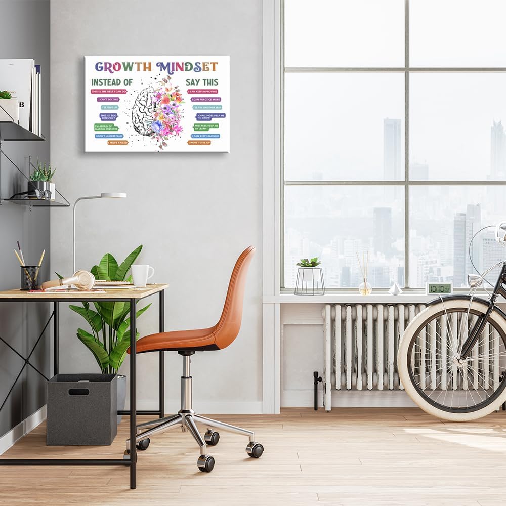 uoyien Classroom Growth Mindset Affirmations for Kids Mental Health Posters Brain Poster Psychology Special Education Calm Corner Wall Art Office Therapy Canvas Wall Decor Prints 12x16in Wood Framed