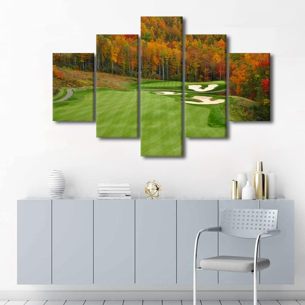 Living Room Decorations for Wall Golf Course Pictures Golf Course Paintings Landscape Artwork 5 Piece Green Canvas Wall Art House Modern Decor Posters and Prints Framed Giclee Ready to Hang- 0"Wx40"H