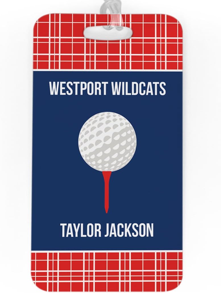 ChalkTalkSPORTS Golf Luggage & Bag Tag | Personalized Team with Golf Ball | Standard Lines on Back | Large | RED/Navy