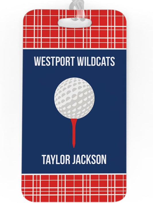 ChalkTalkSPORTS Golf Luggage & Bag Tag | Personalized Team with Golf Ball | Standard Lines on Back | Large | RED/Navy