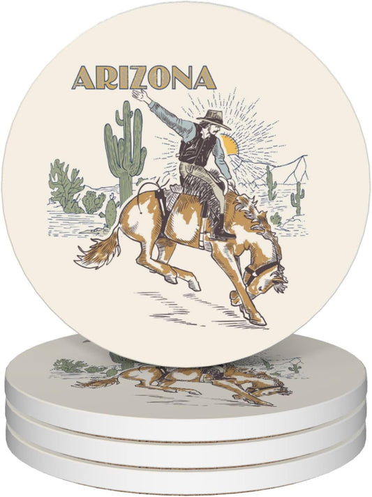 Western Coasters Set of 4, Arizona Cow Boy Coaster with Cork Baking, Absorbent Ceramic Stone Coaster for Table Home Décor, Ideal Gifts for Women Men
