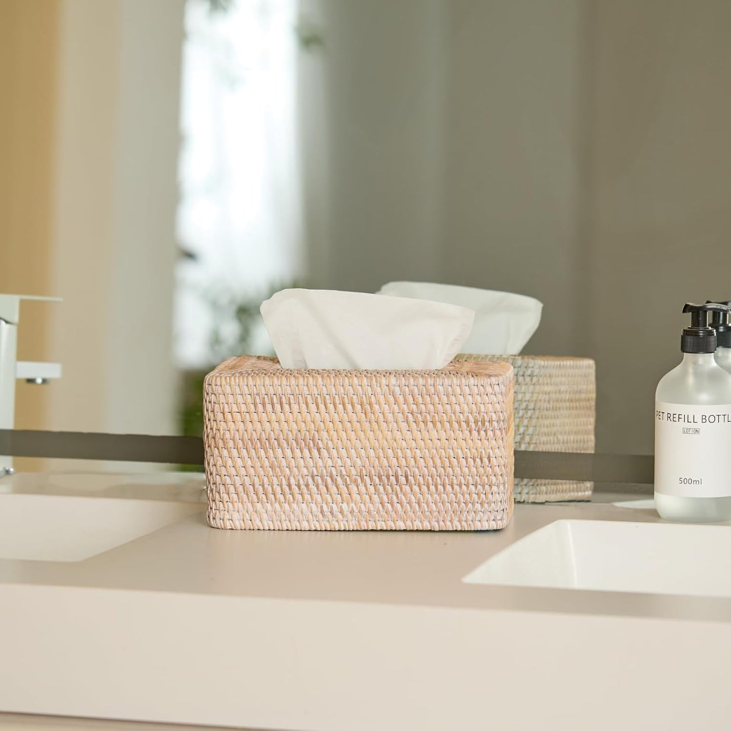 YANGQIHOME Rattan Tissue Box Cover, Rectangle Wicker Tissue Box Holder, Boho Facial Tissue Holder for Living Room, Bathroom, Kitchen, Bedroom, 10.2 x 6.2 x 5.3 inch, Whitewash