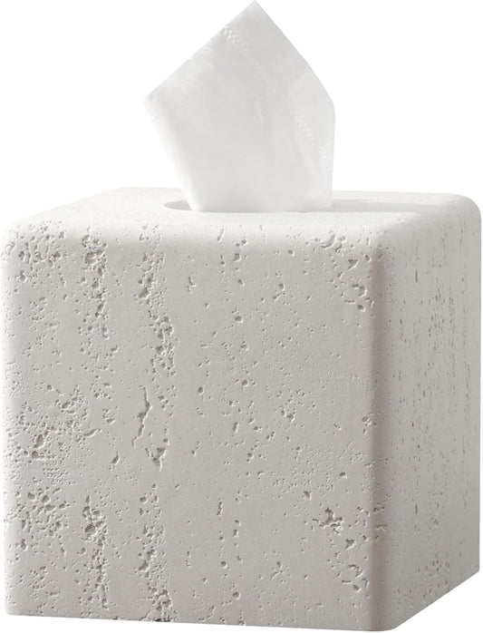 Tissue Box Cover Square, Resin Facial Tissue Holder Covers Toilet Paper Holder Decorative Travertine Paper Dispenser Home Decor for Bathroom Bedroom Living Room Office (Off White)
