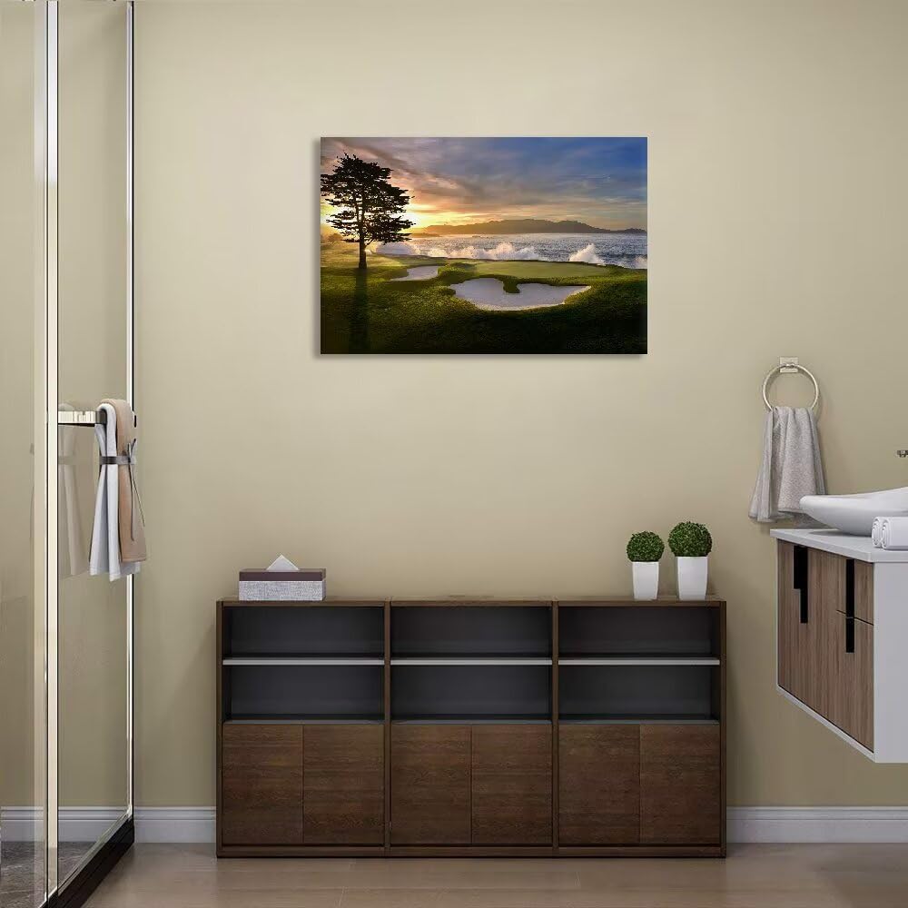 Pebble Beach Canvas Wall Art Picture Pebble Beach Golf Course Wall Decor for Living Room Bedroom Bathroom Home Decorations Golf Course Poster Picture Framed Artwork Ready to Hang(28''H x 44''W)