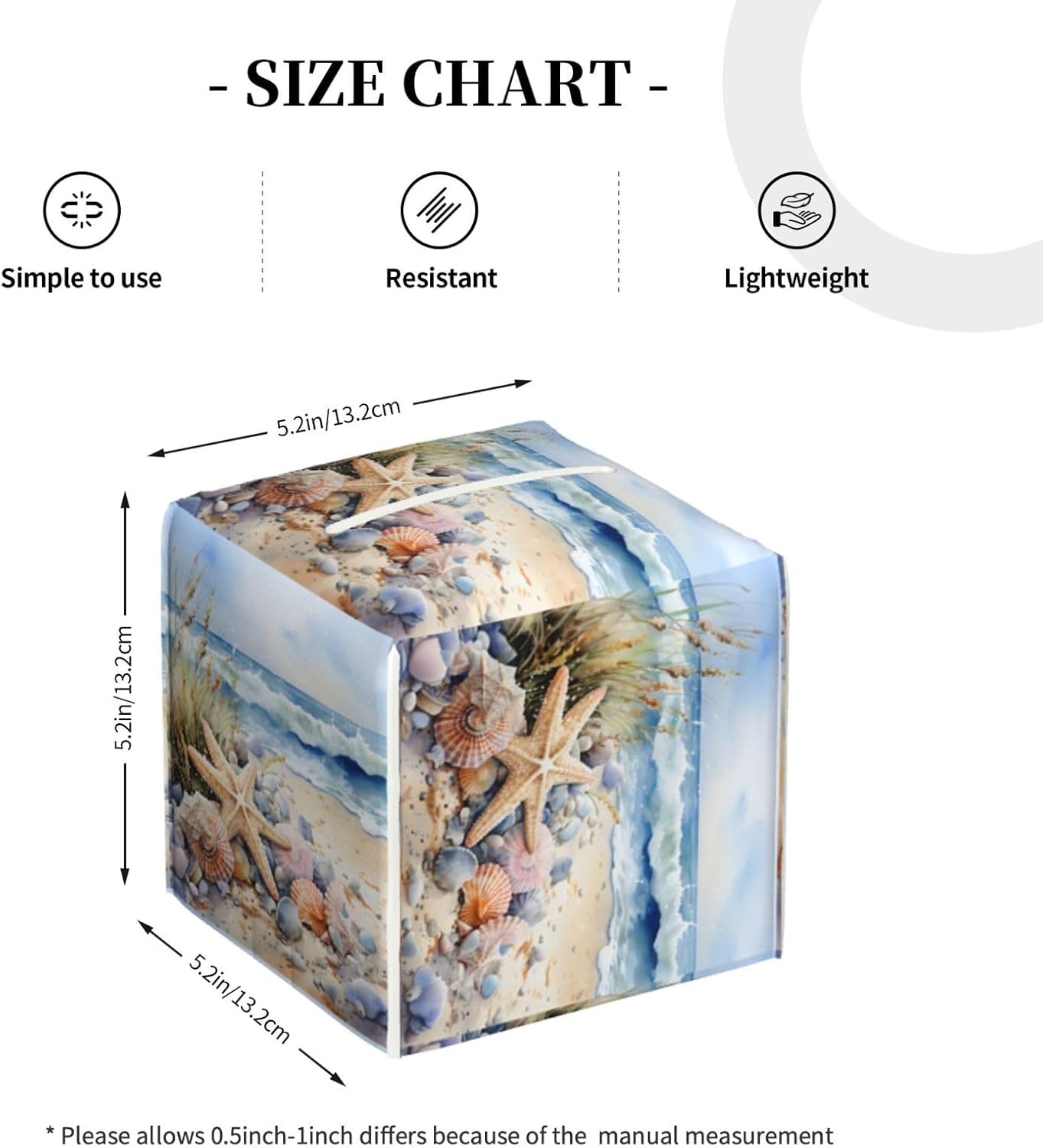 Tissue Box Cover Watercolor Beach Starfish Seashell Square PU Leather Tissue Box Holder for Car Bathroom Bedroom Desk Tabletop Decor