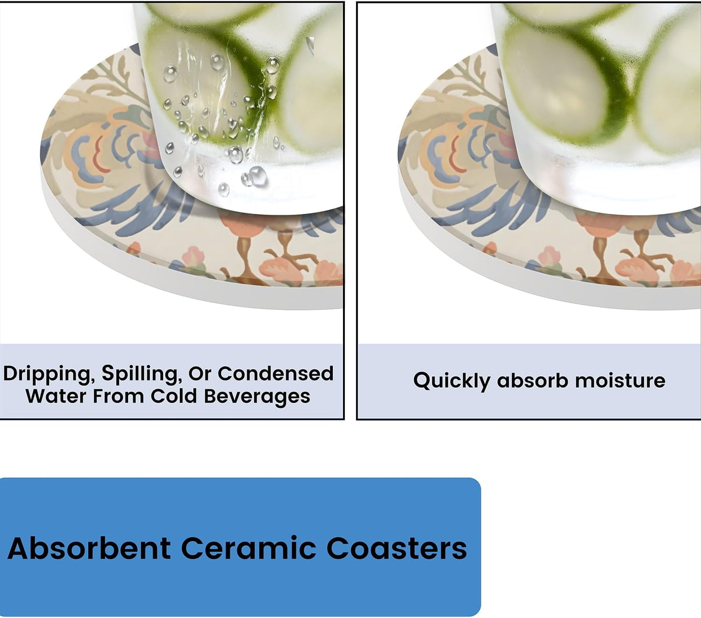 Ceramic Coasters for Drinks with Cork Back, Colorful Rooster Art 4 Inch Absorbent Coaster Set 2 Pack, Quick Dry Non-Slip Coaster Mats for Home, Office, Bar