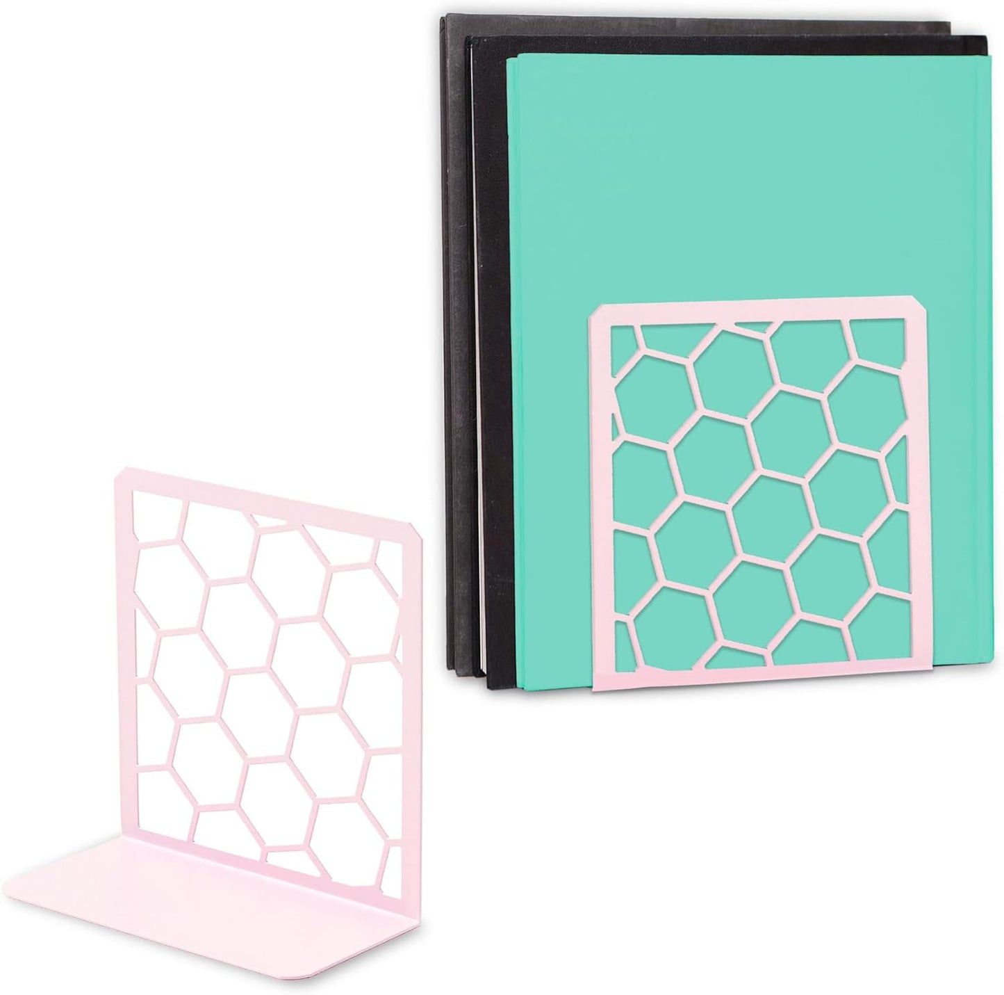 GEOMOD Geometric Honeycomb Pink Metal Bookends Decorative - Tall Sturdy Book Ends for Shelves - Modern Heavy Duty Bookend Stopper - Office or Home Book Shelf Book Holder - 6x3.25x6.25 Inches - 1 Pair