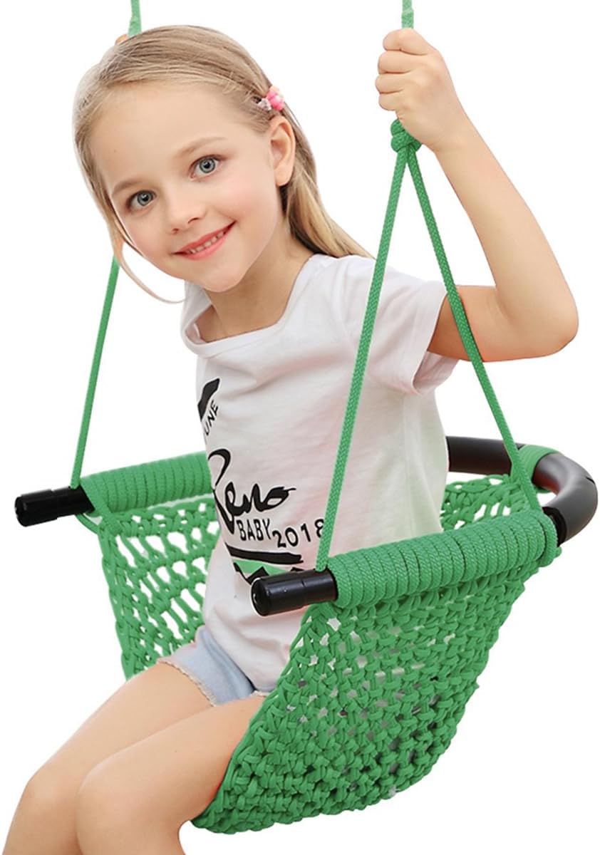 Hand-Knitting Toddler Swing, Swing Seat for Kids with Adjustable Ropes, Little tikes Swings Set, for Outdoor Indoor, Playground, Backyard (Green)