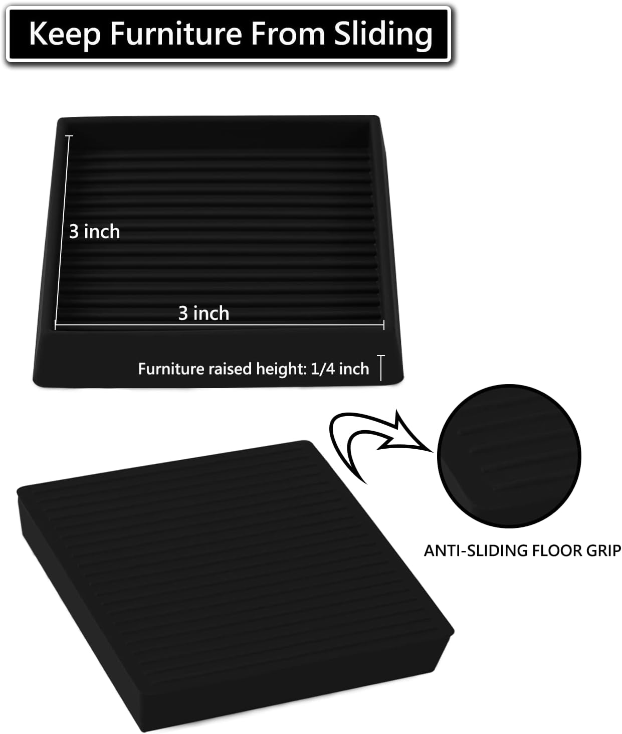 3x3 Square Rubber Furniture Caster Cups, Anti-Sliding Furniture Pads Bed Stopper Floor Protectors with Grip - Protect Any Flooring