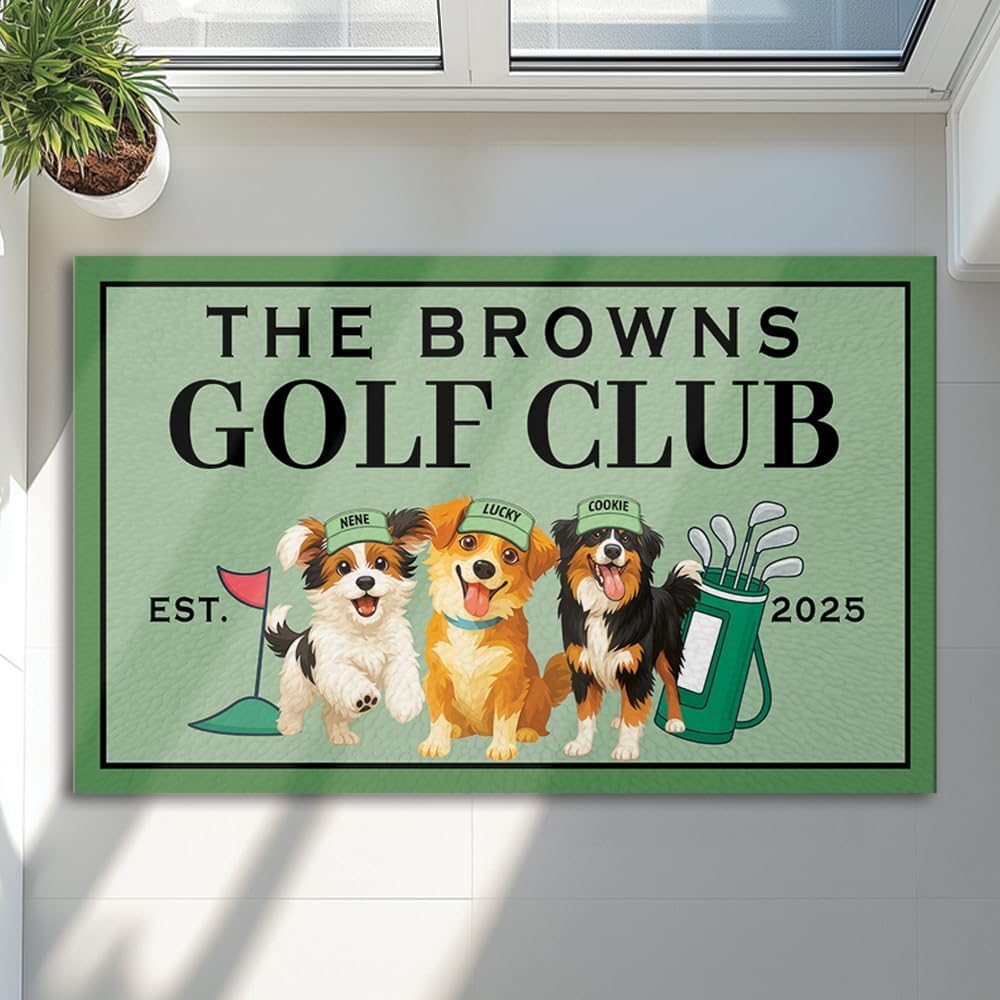 Personalized Golf Welcome Mat with Dog Photo and Family Name – Custom Front Door Rug with Pet Cartoon, Year and Golf Theme – Outdoor Entryway Doormat for Dog Owners and Golf Lovers