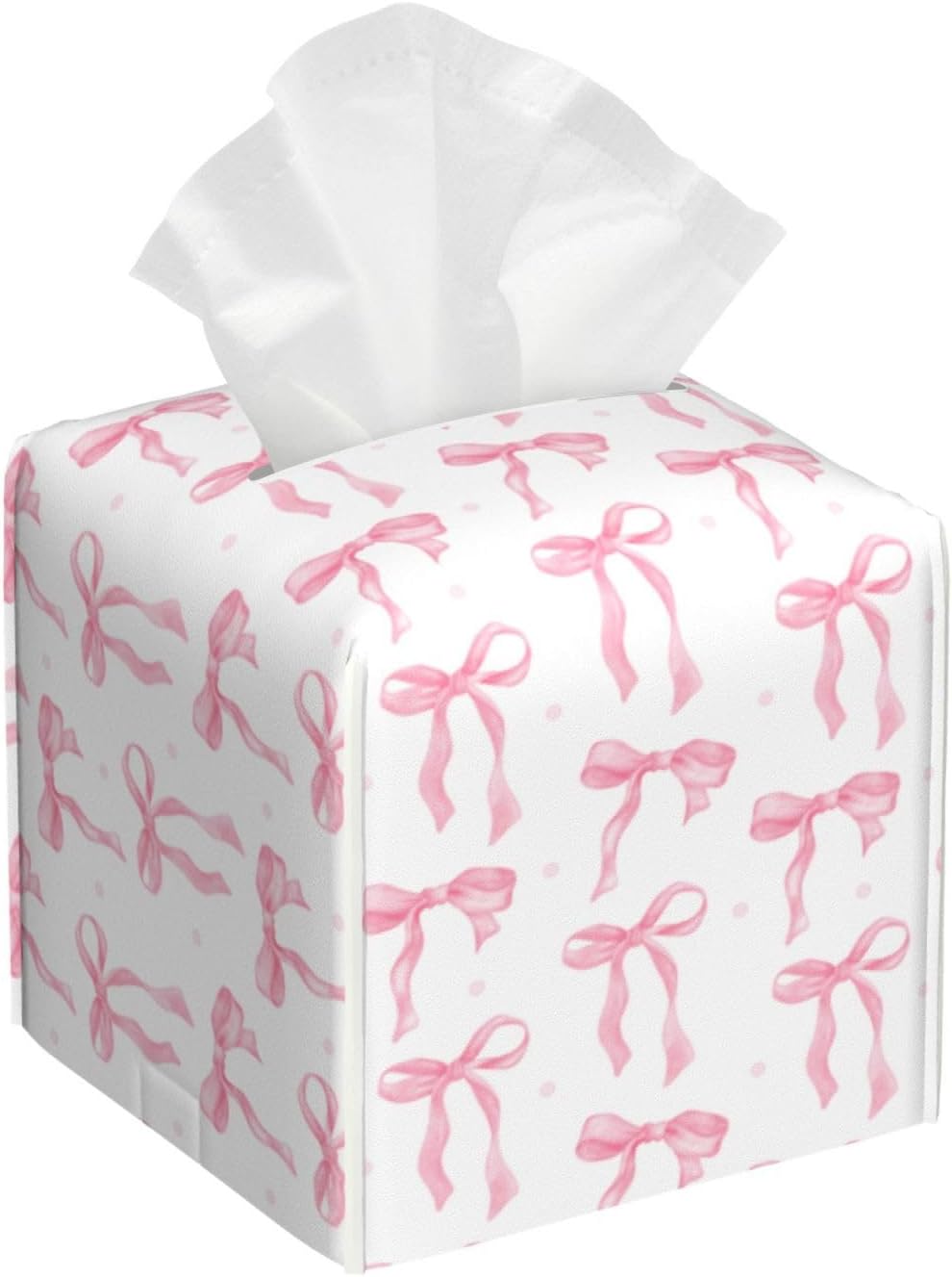 Pink Bow Tissue Box Holder Paper Organizer, PU Leather Tissue Case Cover, Bow Decor for Bathroom, Kitchen, Car