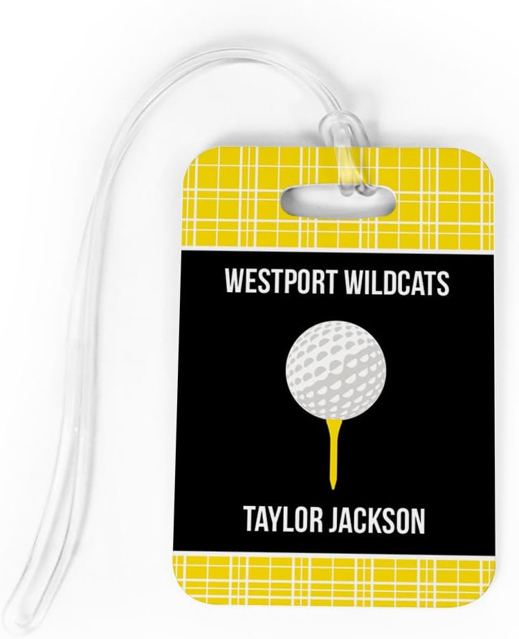 ChalkTallkSPORTS Golf Luggage & Bag Tag | Personalized Team with Golf Ball | Standard Lines on Back | Medium | Yellow/Black