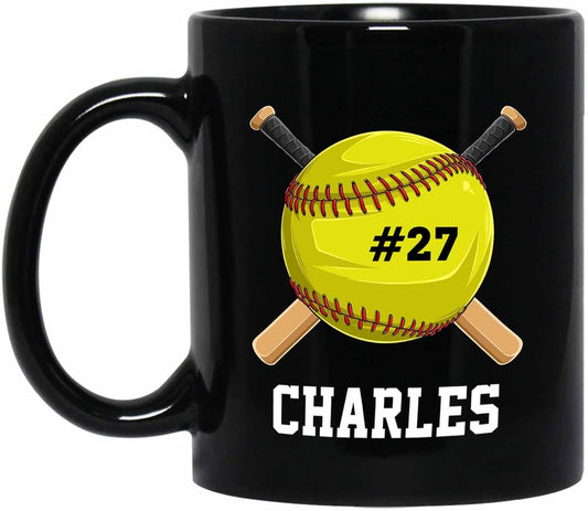 Personalized Name Softball Coffee Mugs 11 Oz 15 Oz, Customized Softballs Black Ceramic Mug Gifts For Softball Lovers Team Coach Softball Lover, Softballs Players Coffee Cup, Softball Sport Travel Mug