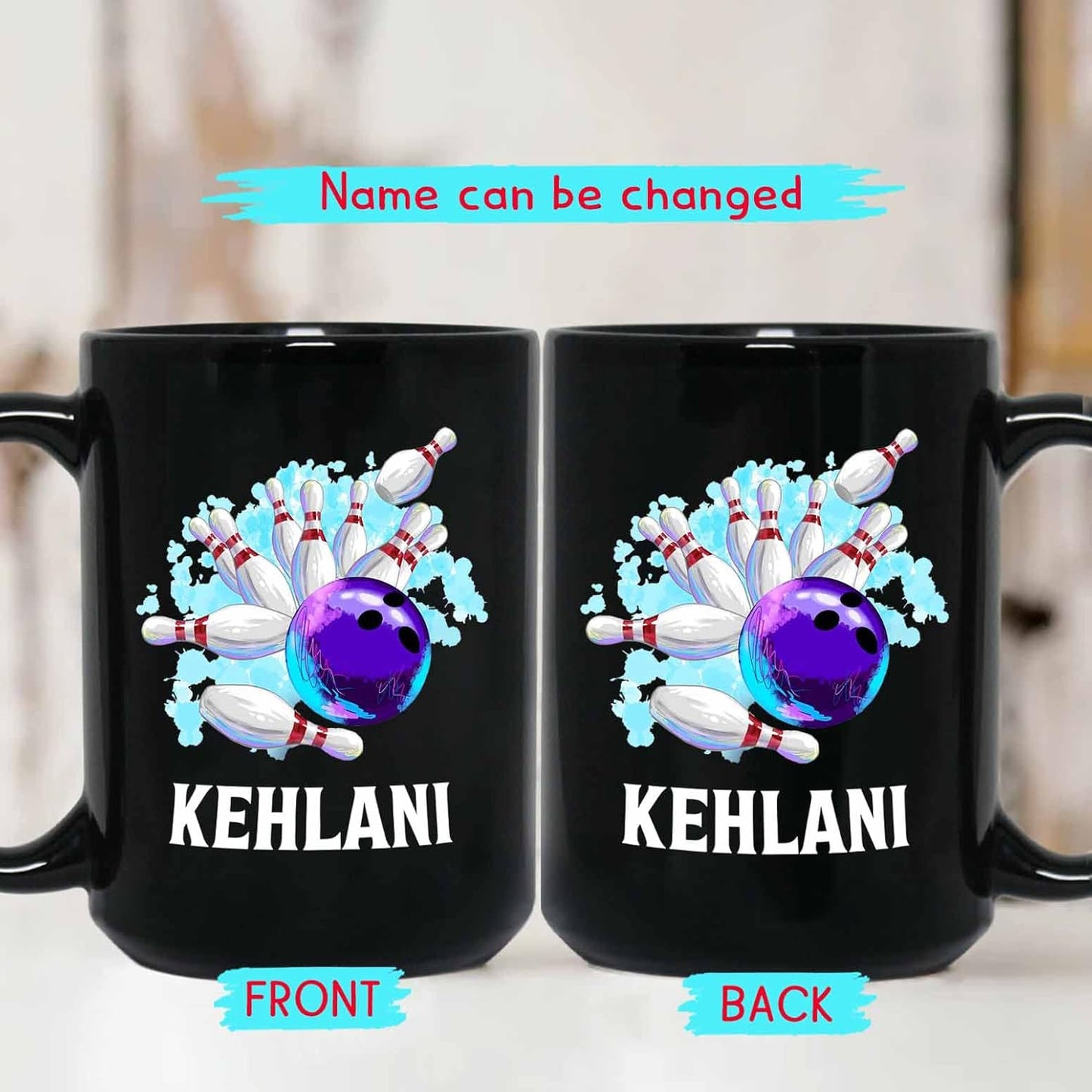 Personalized Bowling Black Ceramic Mug 11 Oz 15 Oz, Custom Bowling Ball Player Coffee Mugs With Choose Name, Strike Knock Down Pins Bowling Travel Mug, Bowling Sport Coffee Cup Gift For Bowling Lover