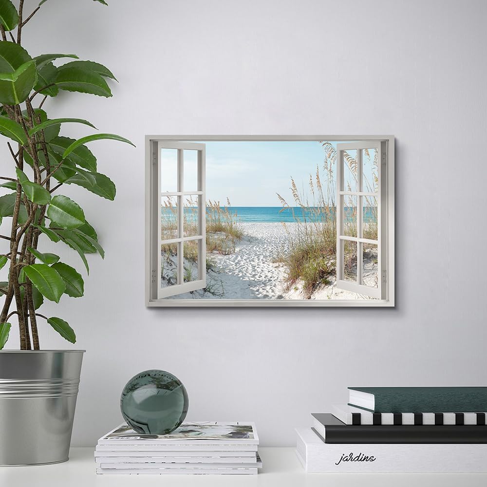 beach wall art window picture: coastal canvas artwork seascape scene prints looking out fake window wall decor for bathroom 12"x16"