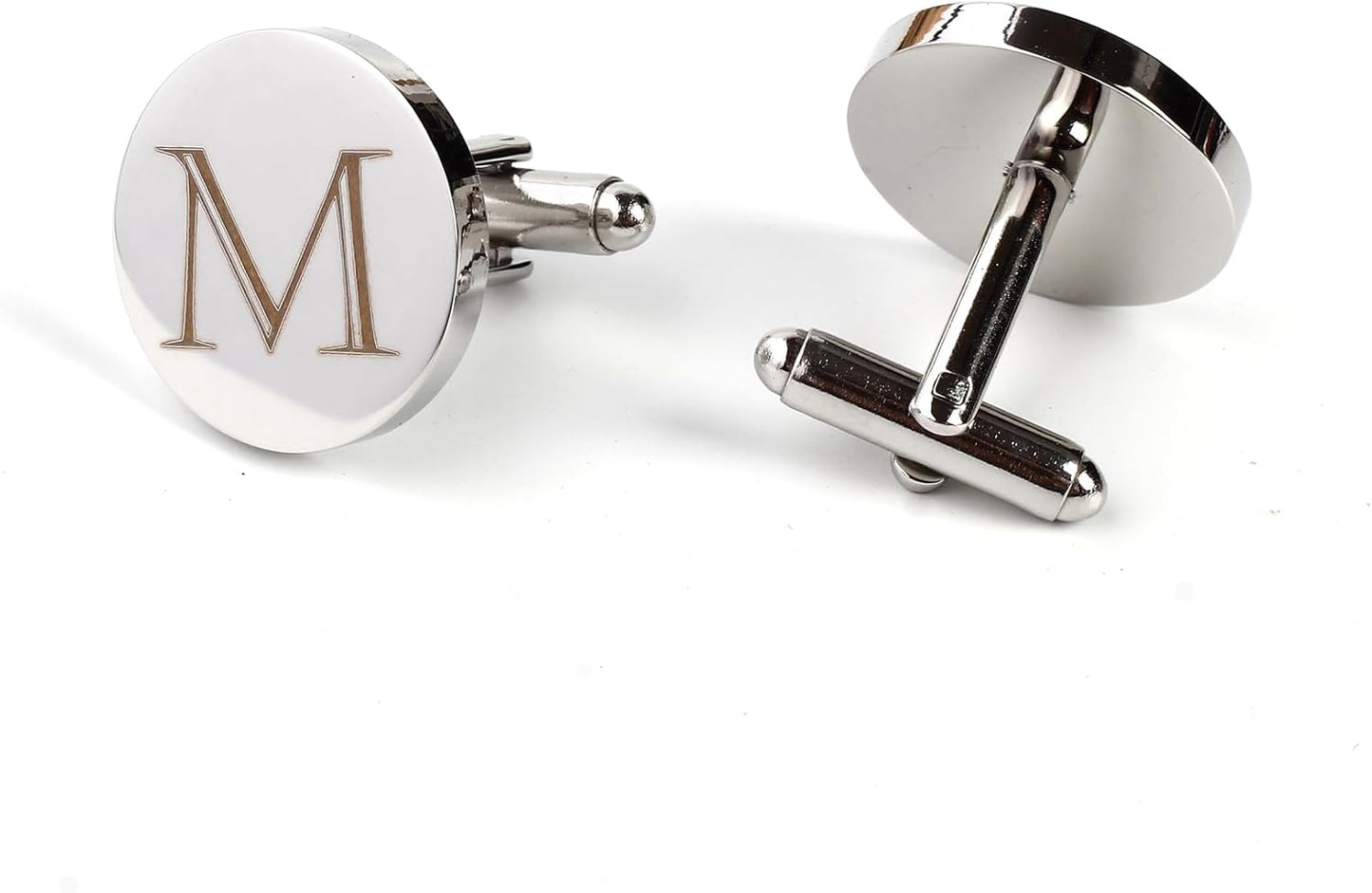 Mens Initial Silver Cufflinks A-Z Alphabet Letter Steel Cuff Links with Engraved Walnut Wood Box Groom Groomsman Wedding Set…