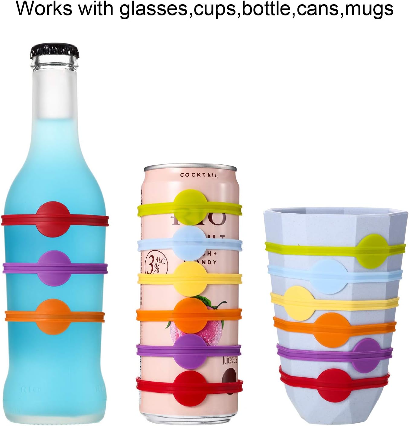 Outus 24 Pieces Drink Markers Glass Cup Wine Glass Bottle Strip Tag Marker Bands Silicone Drink Charms Mugs Tags for Cups Identifiers Cocktail Party Solution for Guest