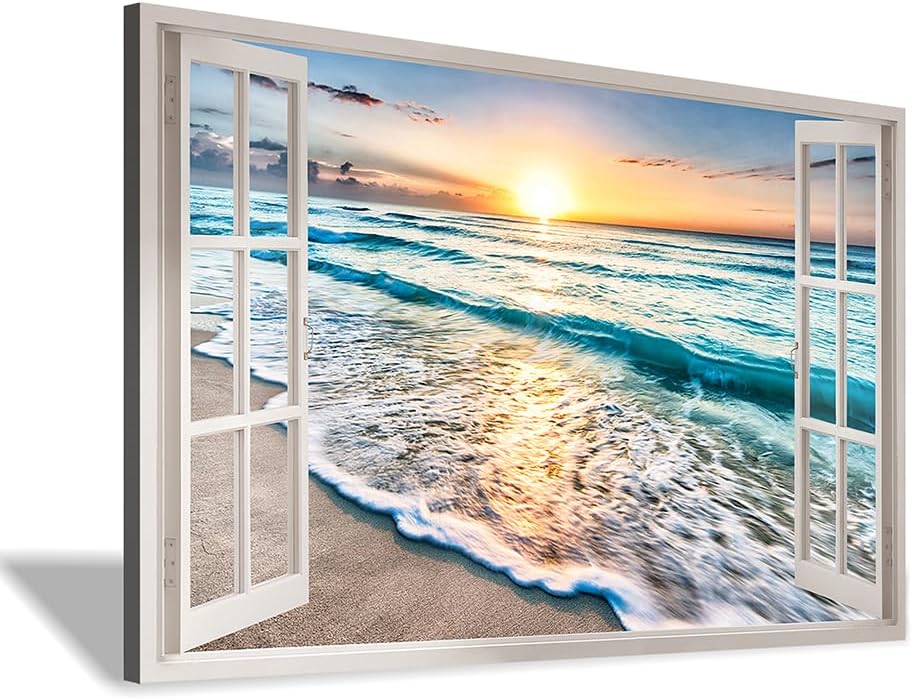 beach canvas window wall art: beach picture coastal artwork seascape ocean scene prints - looking out fake window wall decor for bathroom 12"x16"