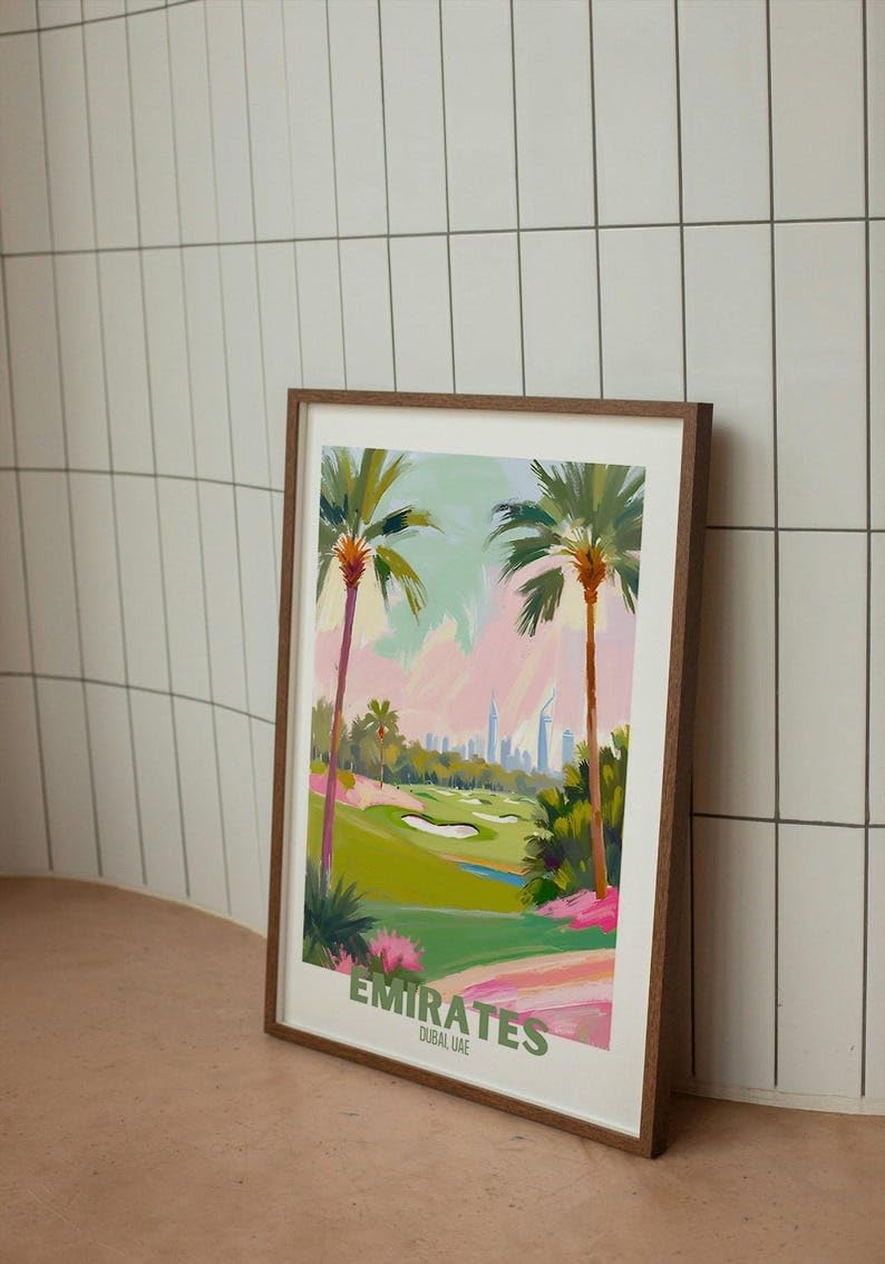 Golf Wall Art Print, Emirates Dubai UAE Golf Course Poster, Colorful Impasto Painting, Modern Sports Decor, International Artwork, for Golf Enthusiasts (Unframed) (12x18)