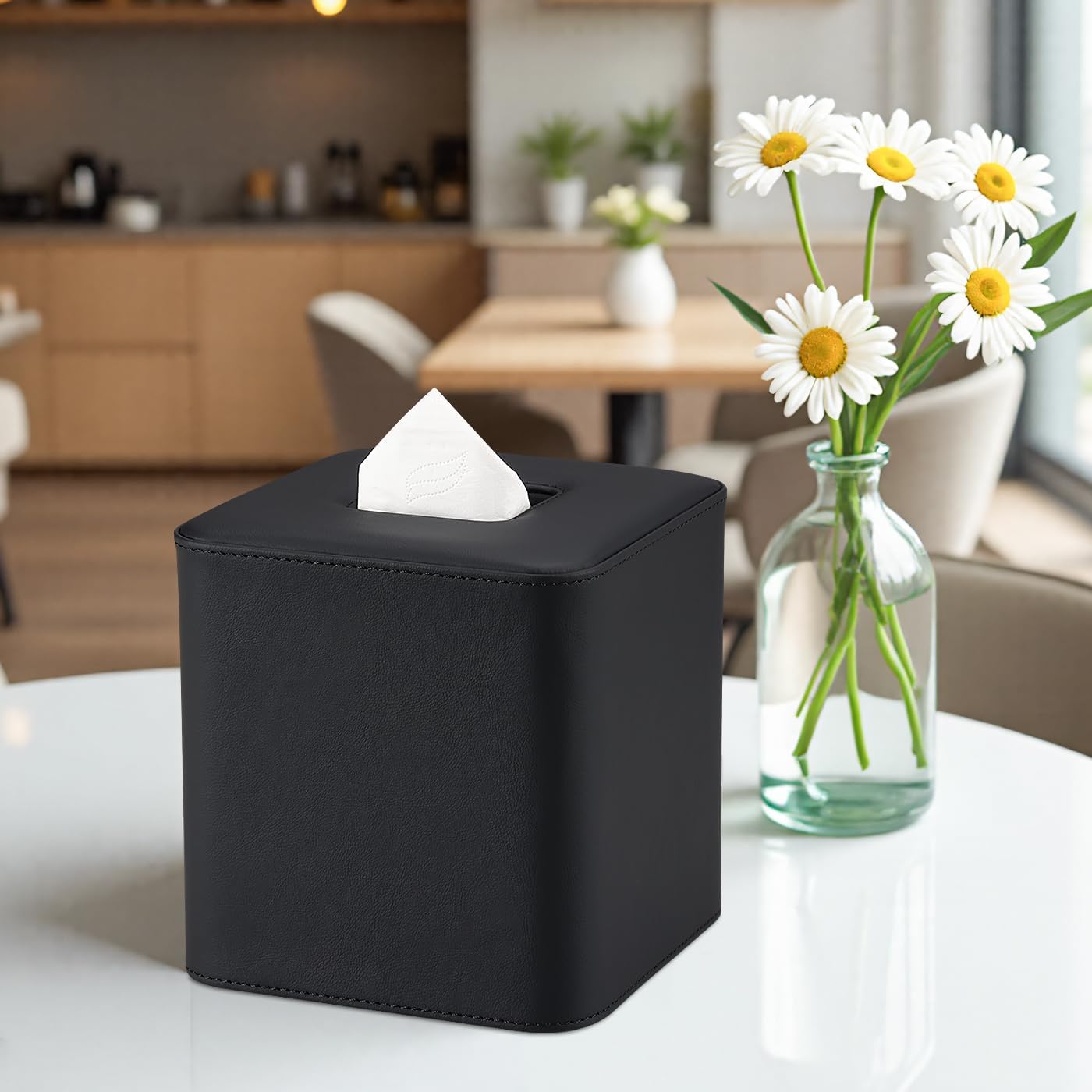 GORESE Leather Tissue Box Cover Square Tissue Box Holder for Kleenexs, Tissue Cover for Cube Box Tissues, Kleenexs Box Holder for Bedroom, Living Room, Bathroom, Black