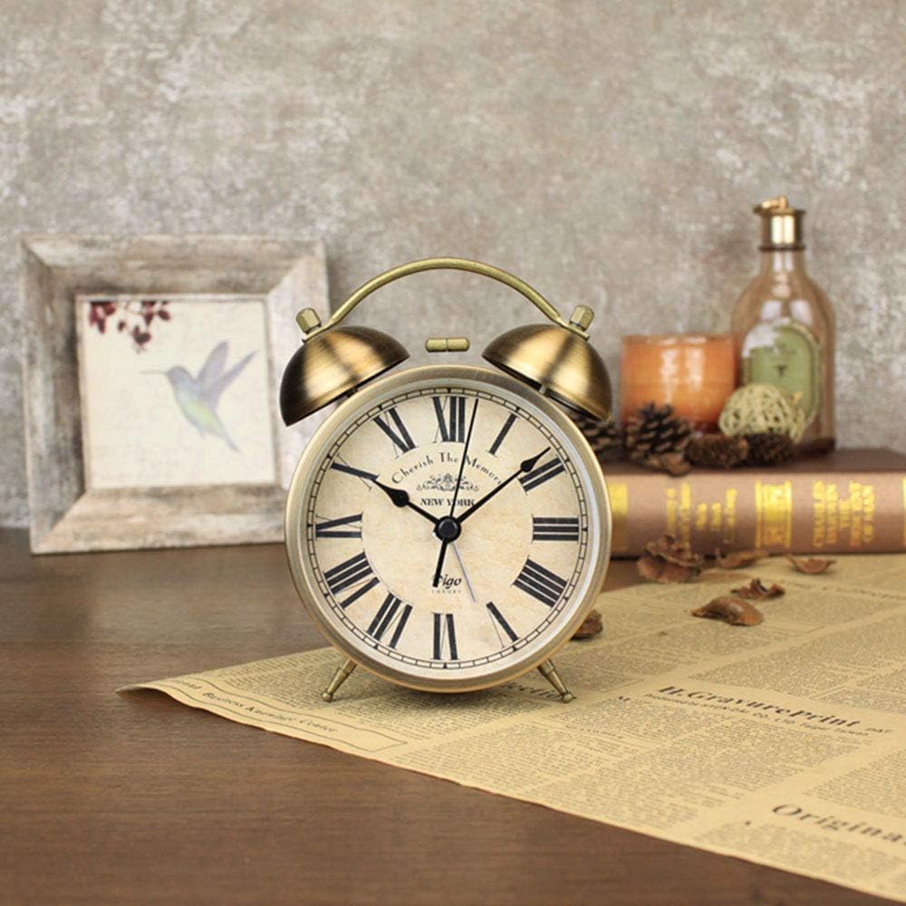 Maxspace Metal Golden Table Clock, Retro Vintage Non-Ticking Small Alarm Clock,Battery Operated Silent Quartz Movement HD Glass Desk Clock for Bedroom Living Room Indoor Decoration Kids… (Roman3)