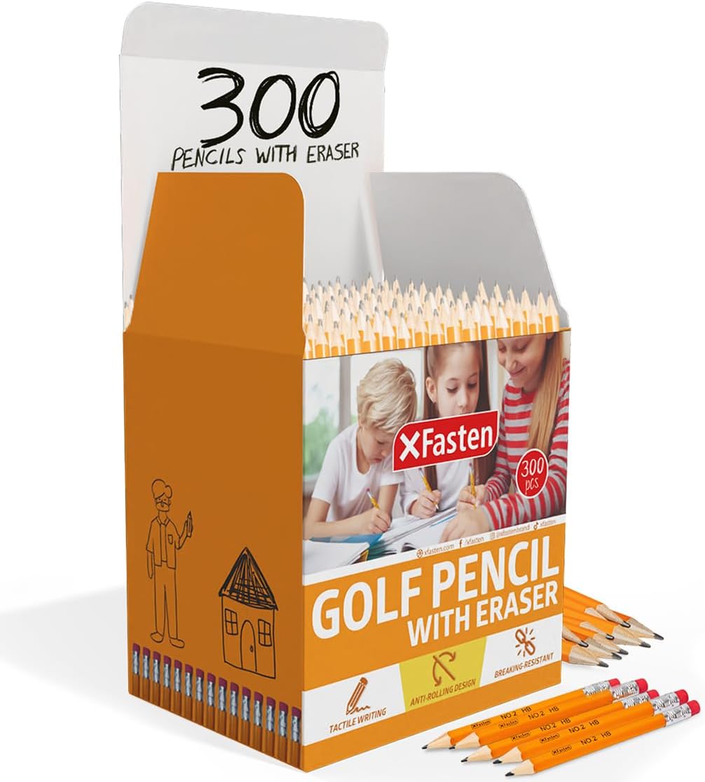 XFasten Golf Pencils with Erasers Bulk, 300-Pack 3.5" #2 HB Pre-Sharpened Easy-to-Grip Half Mini Golf Pencils for Kids, Adults, and School Supplies - Hexagonal, Smooth Writing, and Non-Smudging