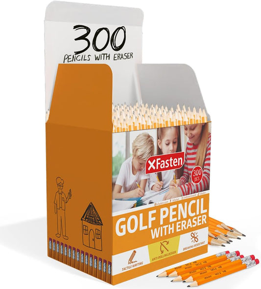 XFasten Golf Pencils with Erasers Bulk, 300-Pack 3.5" #2 HB Pre-Sharpened Easy-to-Grip Half Mini Golf Pencils for Kids, Adults, and School Supplies - Hexagonal, Smooth Writing, and Non-Smudging