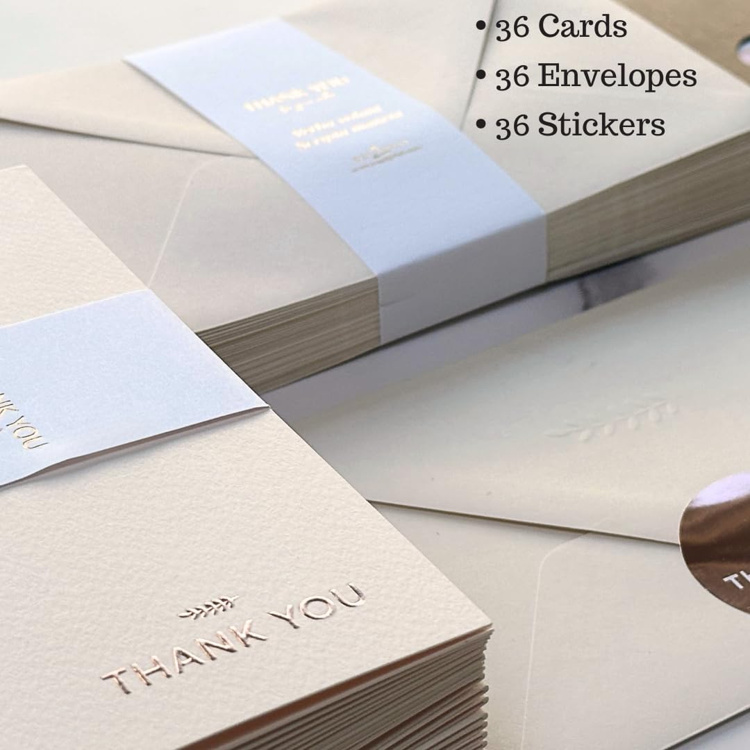 RUN2PRINT Ivory Thank-You Cards with Rose Gold Embossed Printing – 36 Premium Cards with Embossed Leaf Print Envelopes & Matching Stickers – Perfect for Weddings, Business, and All Occasions