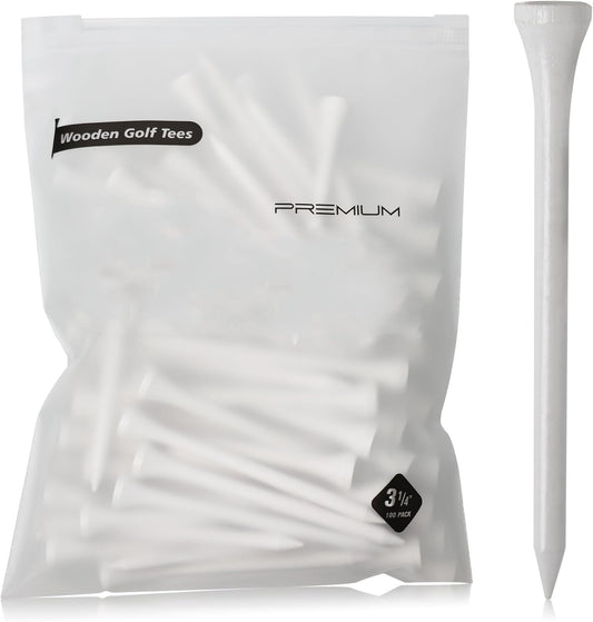 3-¼ inch Pro Wood Golf Tees | 100 Count | Resealable Bag | Natural Sustainable Bamboo Material | Tall White Wooden Tees | Perfect for Every Tee Shot