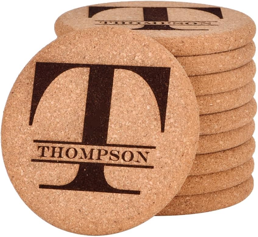 Personalized Cork Coasters for Drinks, Custom Engraved Absorbent Heat & Water Resistant Coasters for Cups and Mugs (T)