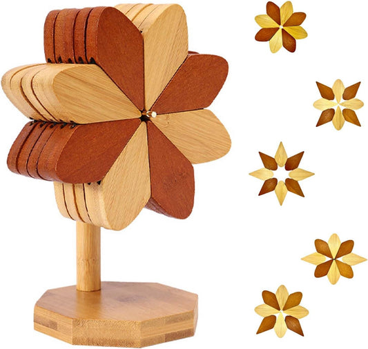 5 Wooden Trivets for Hot Dishes,Pinwheels Shape Trivet Set,+1 Stand,Trivets for Hot Dishes,Natural Foldable Kitchen Wooden Trivet,for Hot Dishes,Pot,Bowl,Teapot,Valentine Decorations