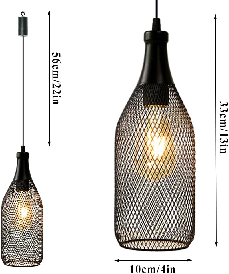 JHY DESIGN Hanging Lamp Black Battery Powered Decorative Pendant Lamp Metal Cage Battery Lamp with 6 Hours Timer for Bar Bedroom Garden Parties Patio Indoor Outdoor Living Room(Wine Bottle Shaped)