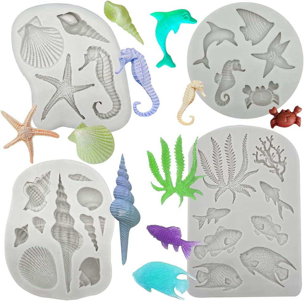 4PCS Marine Theme Fondant Silicone Mold Seaweed Sea Fish Crab Coral Conch Sea Shells Shape DIY Handmade Baking Tools