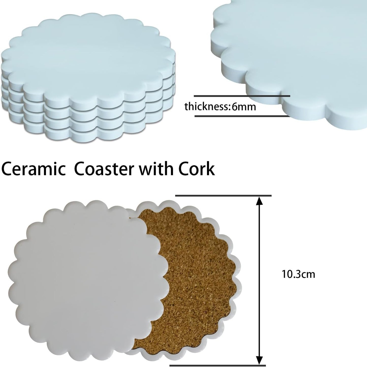 Sublimation Ceramic Coasters Blanks Bulk Round Flower Wavy Edges Drinks Coffee Cup Table Coaster, Absorbent Heat Transfer Ceramic Set for Painting Home Decor with Cork Backing Pads(Wavy Edges 24 PCS)