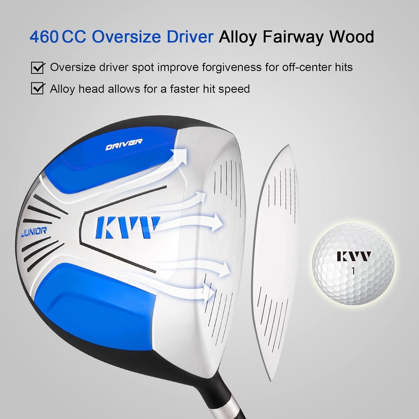 KVV Junior Complete Golf Club Set for Kids/Children Right Hand, Includes Oversize Driver, Irons, Putter, Head Cover, Portable Golf Stand Bag