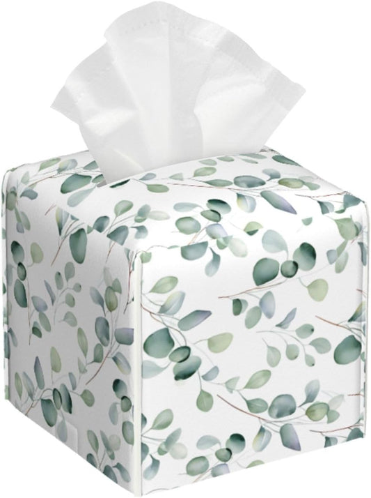 Tissue Box Cover Watercolor Green Leaves Square PU Leather Tissue Box Holder for Car Bathroom Bedroom Desk Tabletop Decor