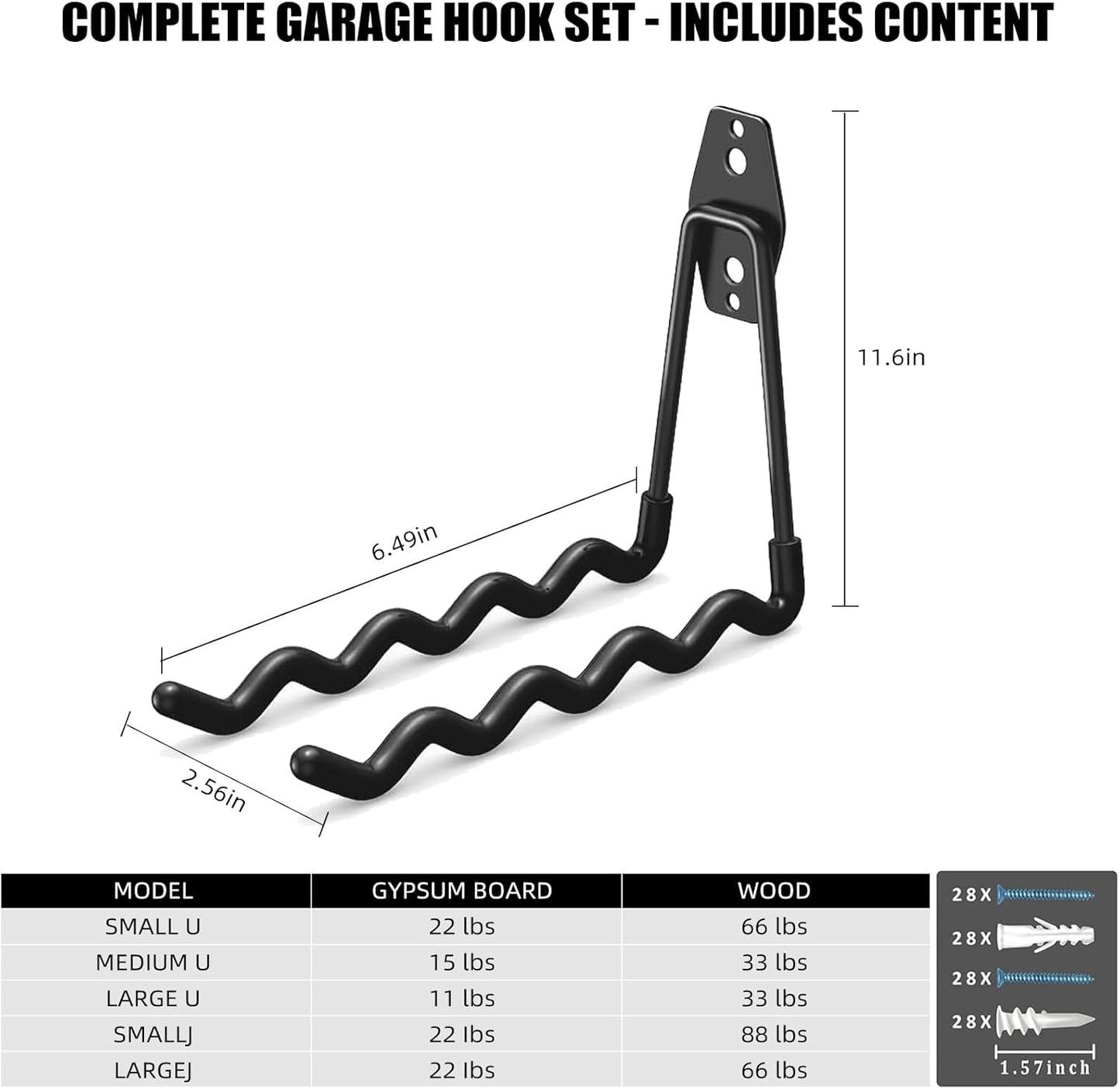 Garage Hooks, 4 Pack Wave Hooks for Hanging Heavy Duty Ladders, Bikes, Tools Ideal for Garage, Garden, Basement Utility Room Storage (Black)