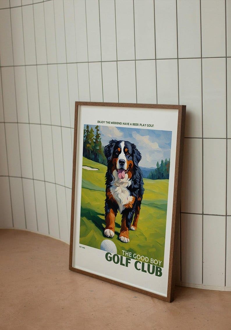 Golf Wall Art Print, Bernese Mountain Dog on Golf Course, Colorful Impasto Painting, Trendy Sports Poster, Unique Golf Course Poster for Collectors and Sports Fans, Home Decor (Unframed) (9x11)