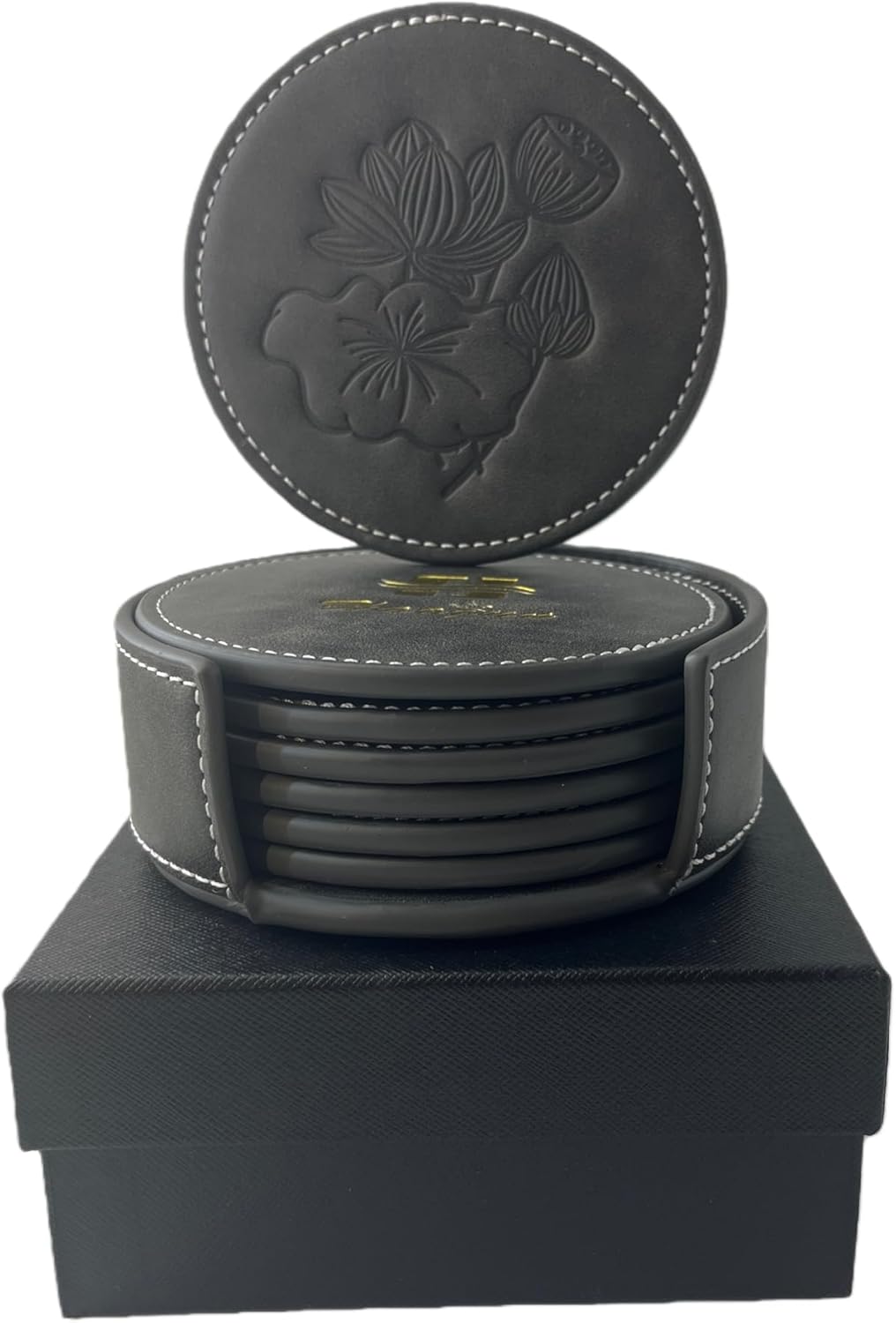 Custom Vintage Coasters Set of 6, Leather Coasters with Holder, Coaster for Office Desk, Non-Slip, Non-Stick, Easy Clean, for Housewarming Gifts, Home Decor, Wooden Table, Coffee Table, Bar (Gray)