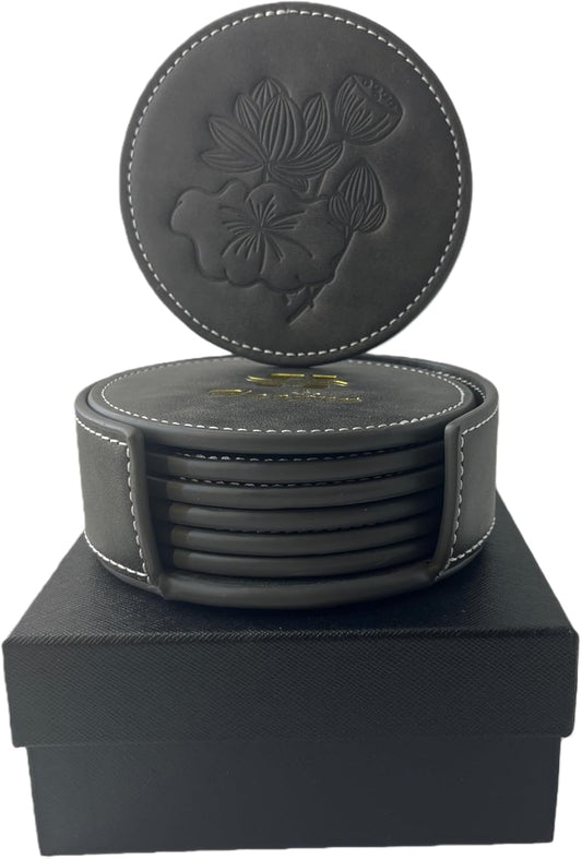 Custom Vintage Coasters Set of 6, Leather Coasters with Holder, Coaster for Office Desk, Non-Slip, Non-Stick, Easy Clean, for Housewarming Gifts, Home Decor, Wooden Table, Coffee Table, Bar (Gray)