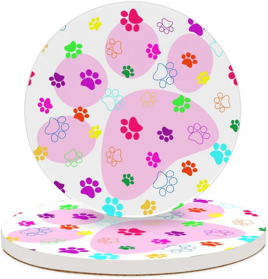 Ceramic Coasters for Drinks with Cork Back, Colorful Paw Prints On Pink 4 Inch Absorbent Coaster Set 2 Pack, Quick Dry Non-Slip Coaster Mats for Home, Office, Bar