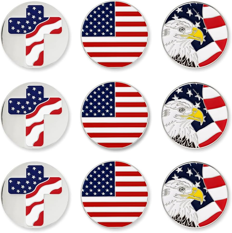 PinMart’s Mix Bundle Pack of 9 Golf Ball Markers - Golf Accessories for Men and Women – United States Eagle and American Flag Magnetic Ball Markers Set of 9