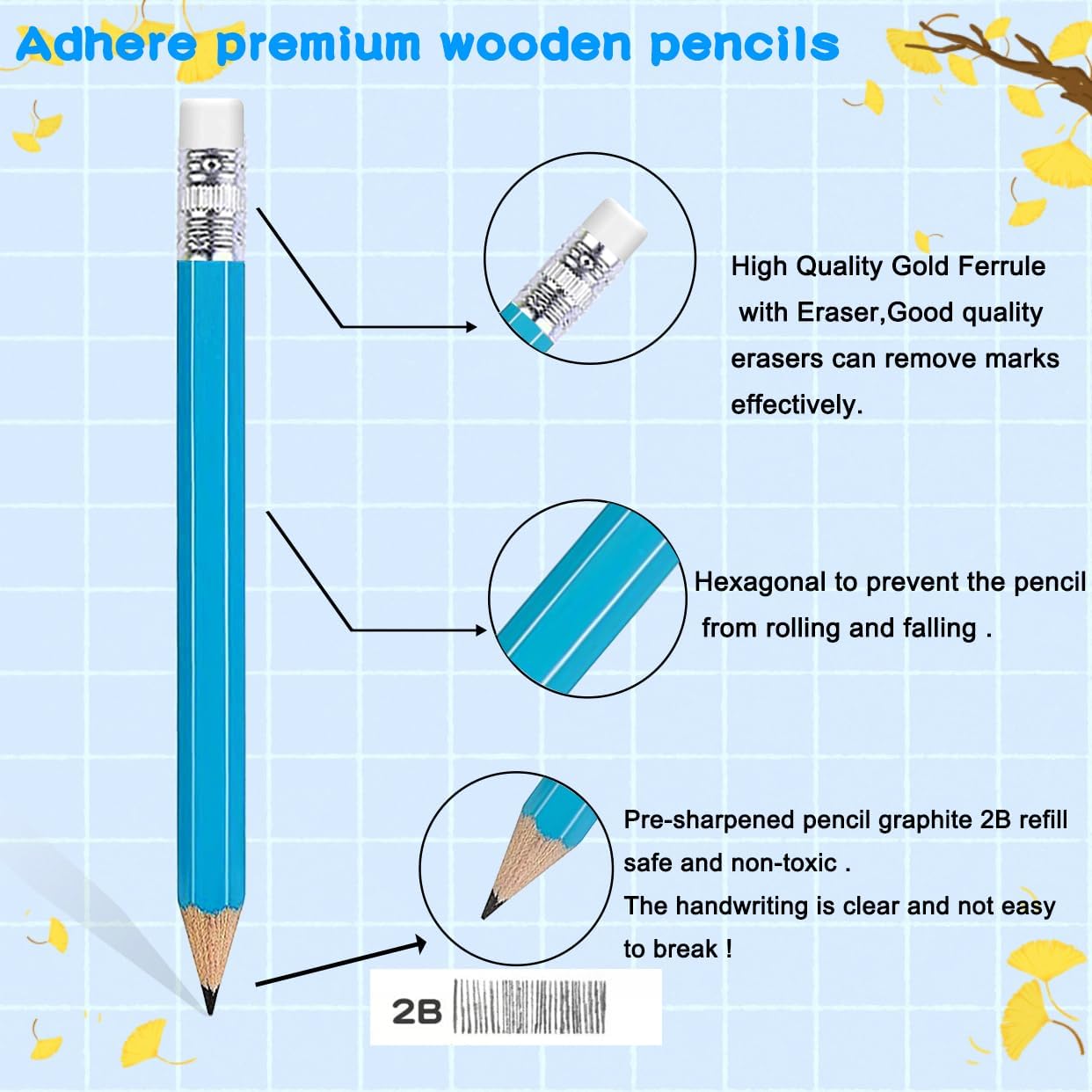 Adhere 25pcs Golf Pencils with eraser Hexagon Wooden Pencils Graphite 2B for Golf Event Scoring,Classroom,Wedding,Company Meetings,Pew, Pocket (z-Light blue・Hexagon・50pcs)