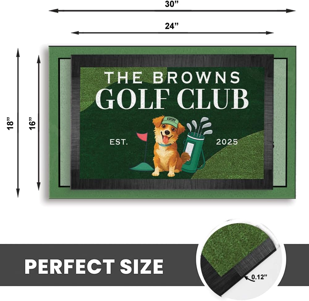 Personalized Golf Welcome Mat with Dog Photo and Family Name – Custom Front Door Rug with Pet Cartoon, Year and Golf Theme – Outdoor Entryway Doormat for Dog Owners and Golf Lovers