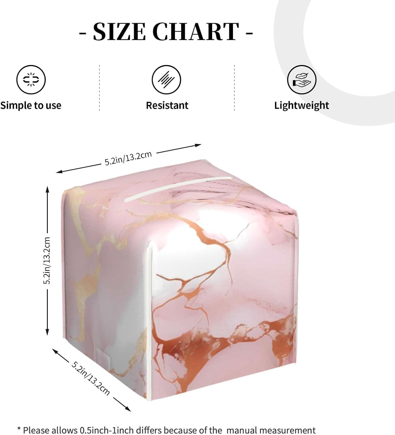 Tissue Box Cover Pink Rose Gold Marble Print Square PU Leather Tissue Box Holder for Car Bathroom Bedroom Desk Tabletop Decor